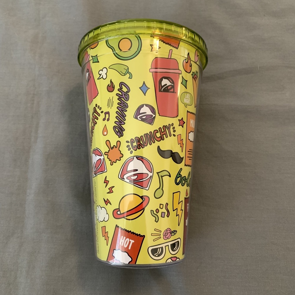 Taco Bell Cold Drink Cup Tumbler 24oz Just Funky Colorful‎ Graphics BPA Free Lid